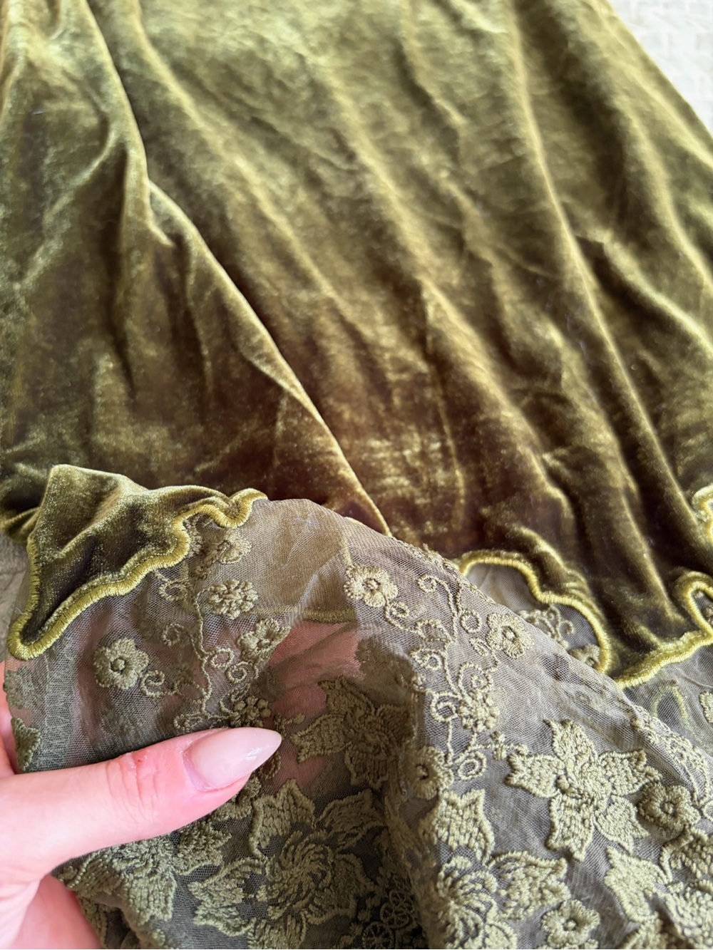 Velvet Maxi Skirt with Lace Hem - Olive - Picture 2 of 4